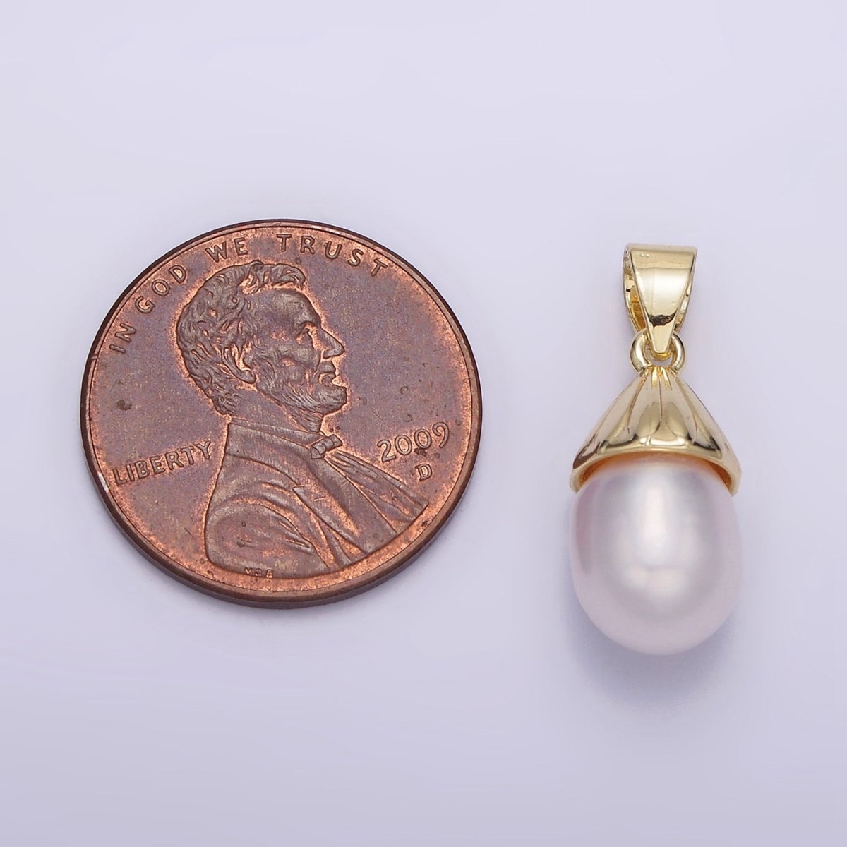 14K Gold plated Button White Pearl Oblong Lined Bail Pendant | AA632 - DLUXCA
