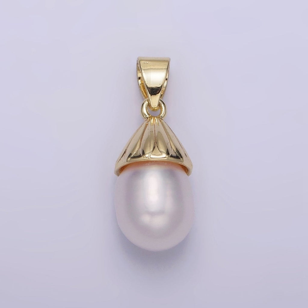 14K Gold plated Button White Pearl Oblong Lined Bail Pendant | AA632 - DLUXCA