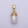 14K Gold plated Button White Pearl Oblong Lined Bail Pendant | AA632 - DLUXCA