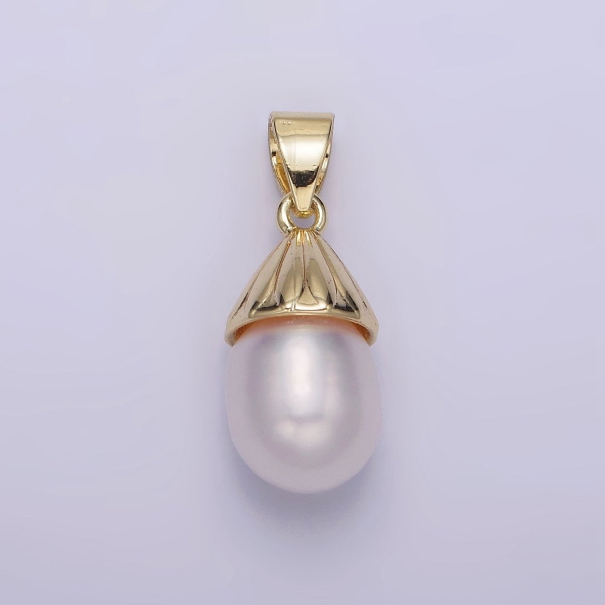 14K Gold plated Button White Pearl Oblong Lined Bail Pendant | AA632 - DLUXCA