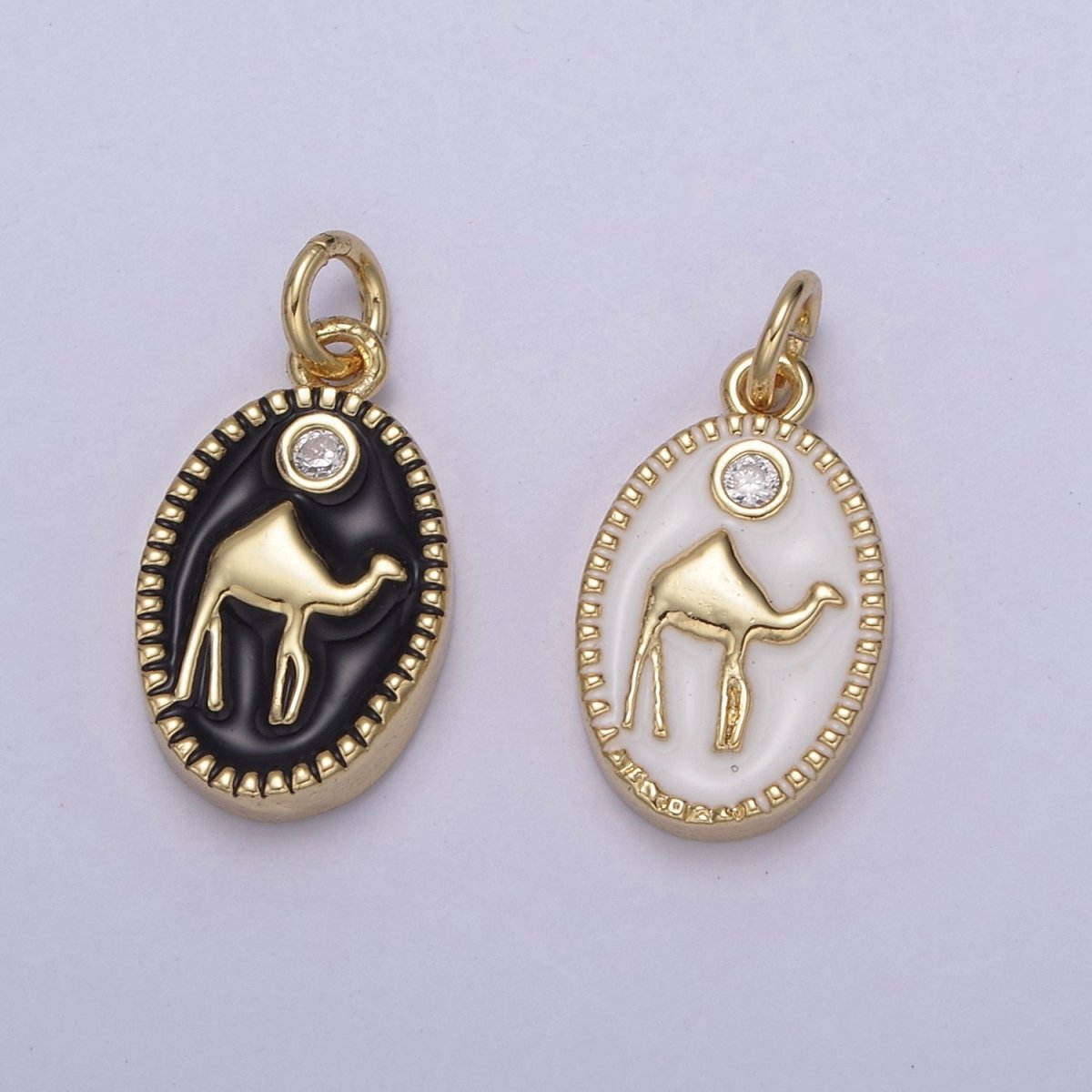 14K Gold plated Camel Desert Animal White & Black Enamel Oval Charm N-794 N-795