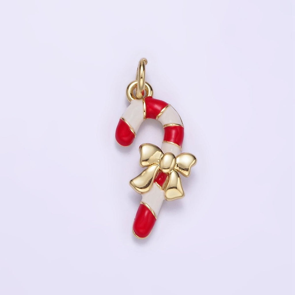 14K Gold plated Candy Cane Bow Enamel Mini Christmas Charm | D545 - DLUXCA