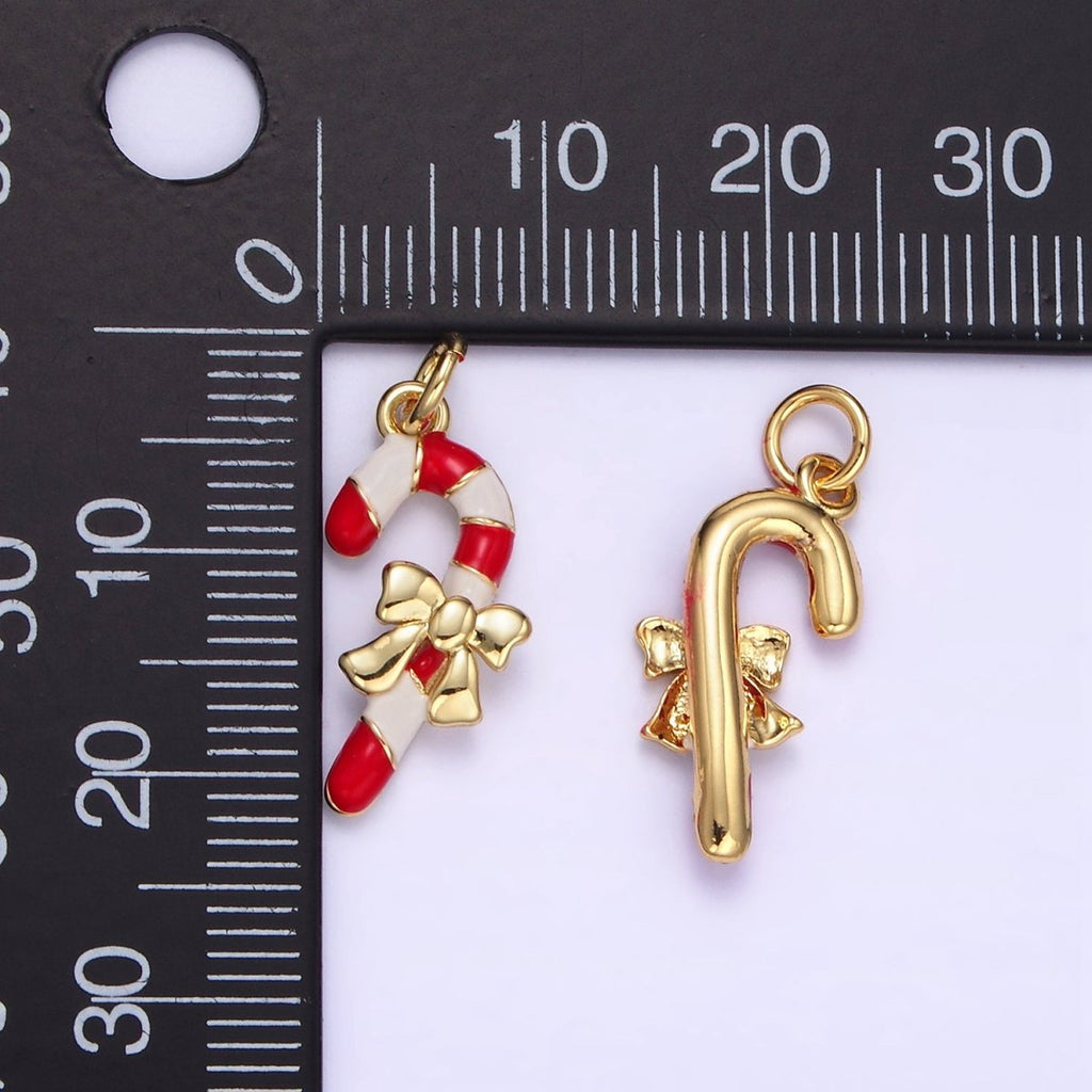 14K Gold plated Candy Cane Bow Enamel Mini Christmas Charm | D545 - DLUXCA