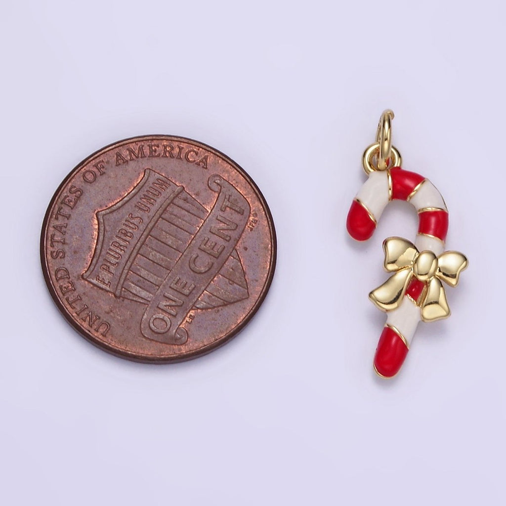 14K Gold plated Candy Cane Bow Enamel Mini Christmas Charm | D545 - DLUXCA