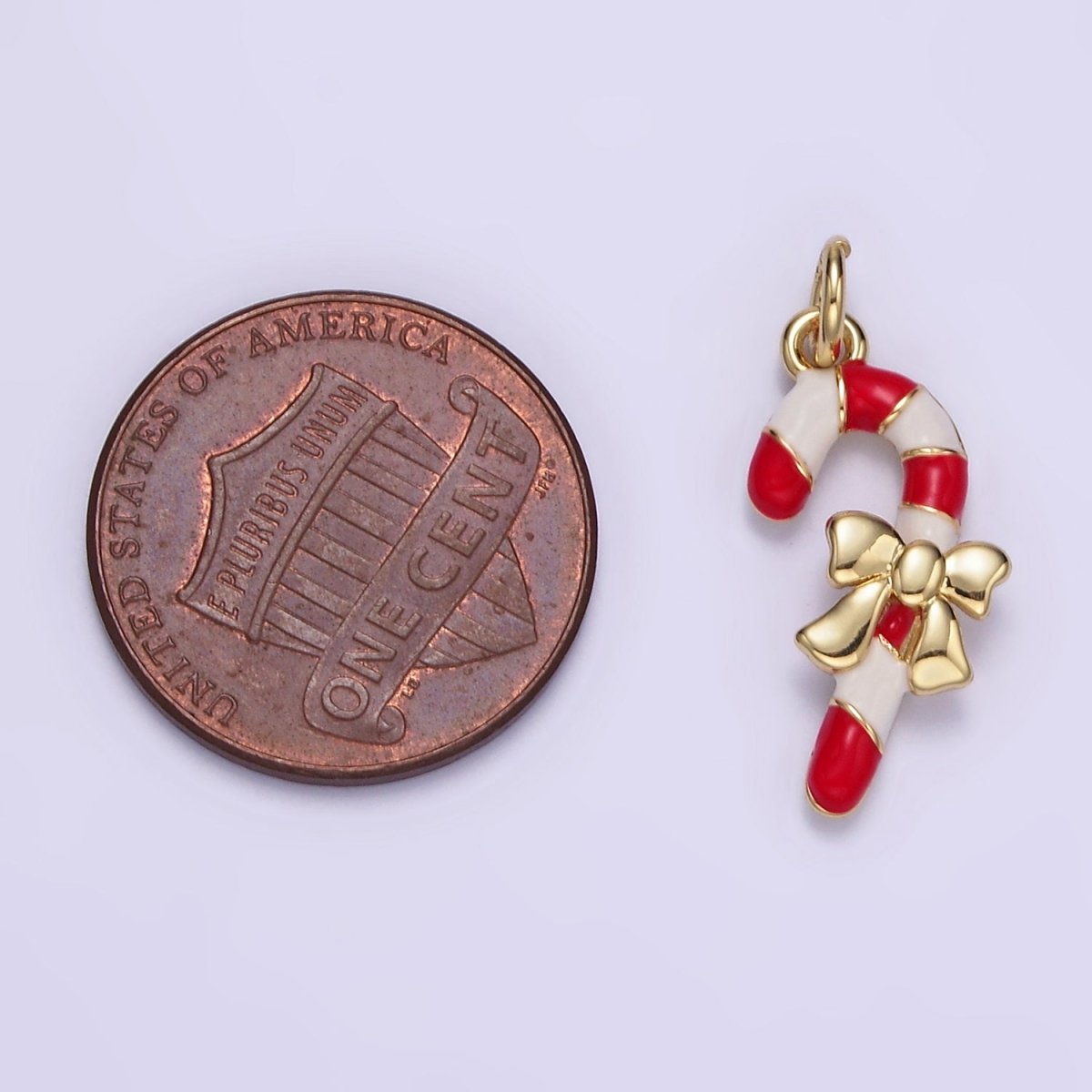 14K Gold plated Candy Cane Bow Enamel Mini Christmas Charm | D545 - DLUXCA