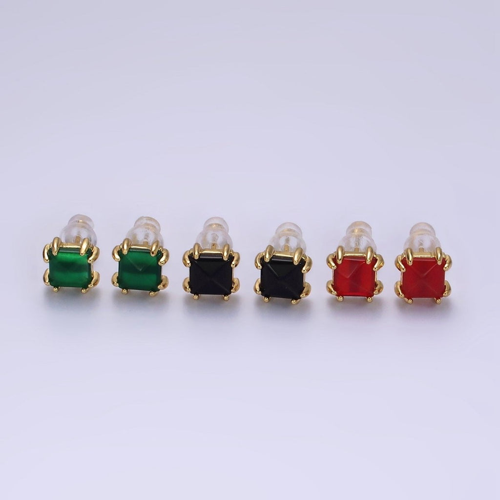 14K Gold plated Carnelian, Onyx, Aventurine Gemstone Square Minimalist Stud Earrings | AE986 - AE988