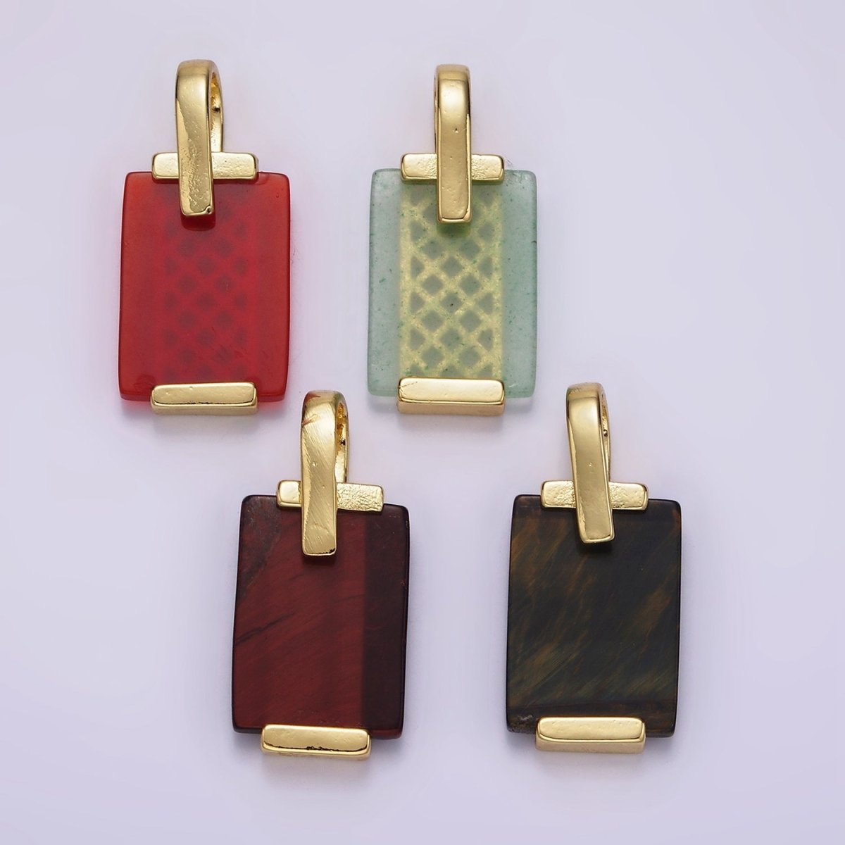 14K Gold plated Carnelian, Tiger Eye, Green Agate Rectangular Bar Rhombus Pendant | AH131 AH132
