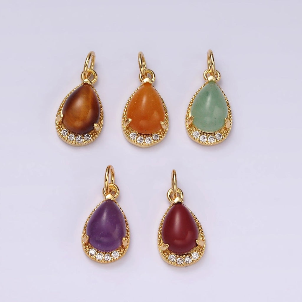 14K Gold plated Carnelian, Topaz, Aventurine, Tiger Eye, Amethyst Teardrop Micro Paved Charm | AG481 - AG485