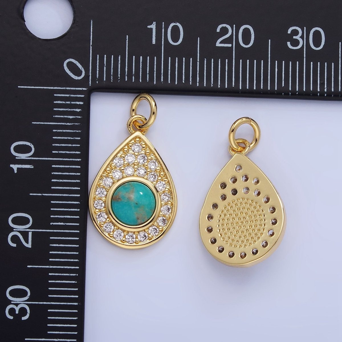 14K Gold plated Carnelian, Turquoise Micro Paved CZ Teardrop Charm | W564