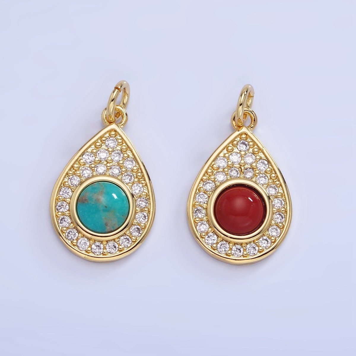 14K Gold plated Carnelian, Turquoise Micro Paved CZ Teardrop Charm | W564