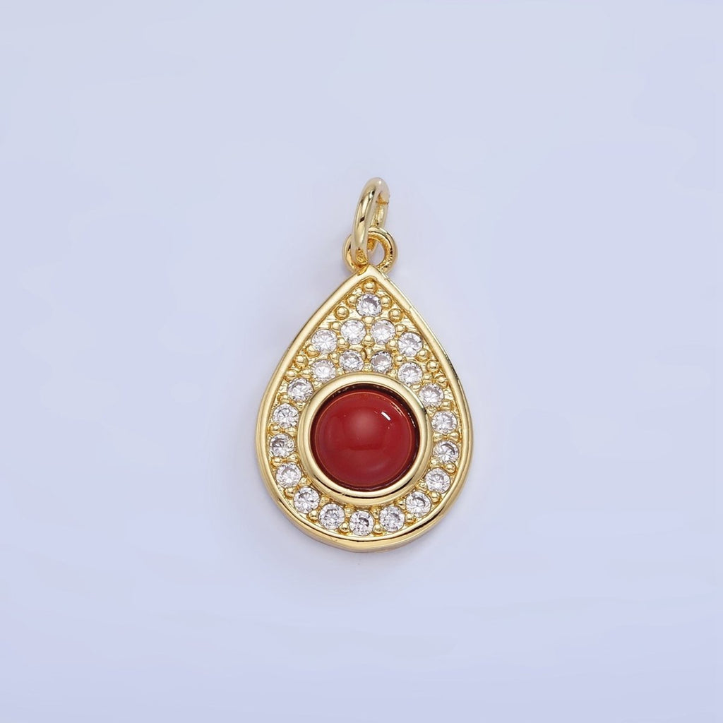 14K Gold plated Carnelian, Turquoise Micro Paved CZ Teardrop Charm | W564
