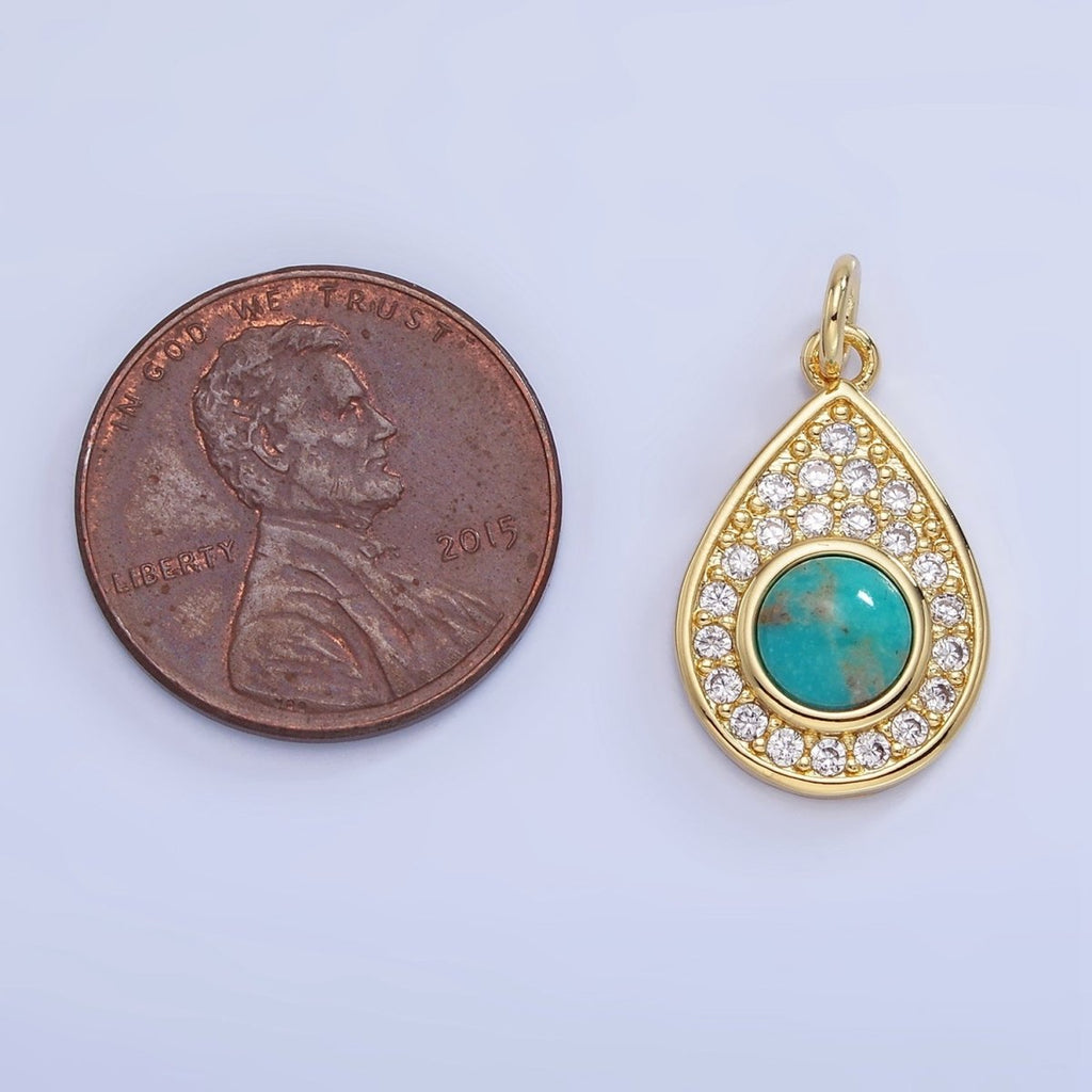 14K Gold plated Carnelian, Turquoise Micro Paved CZ Teardrop Charm | W564