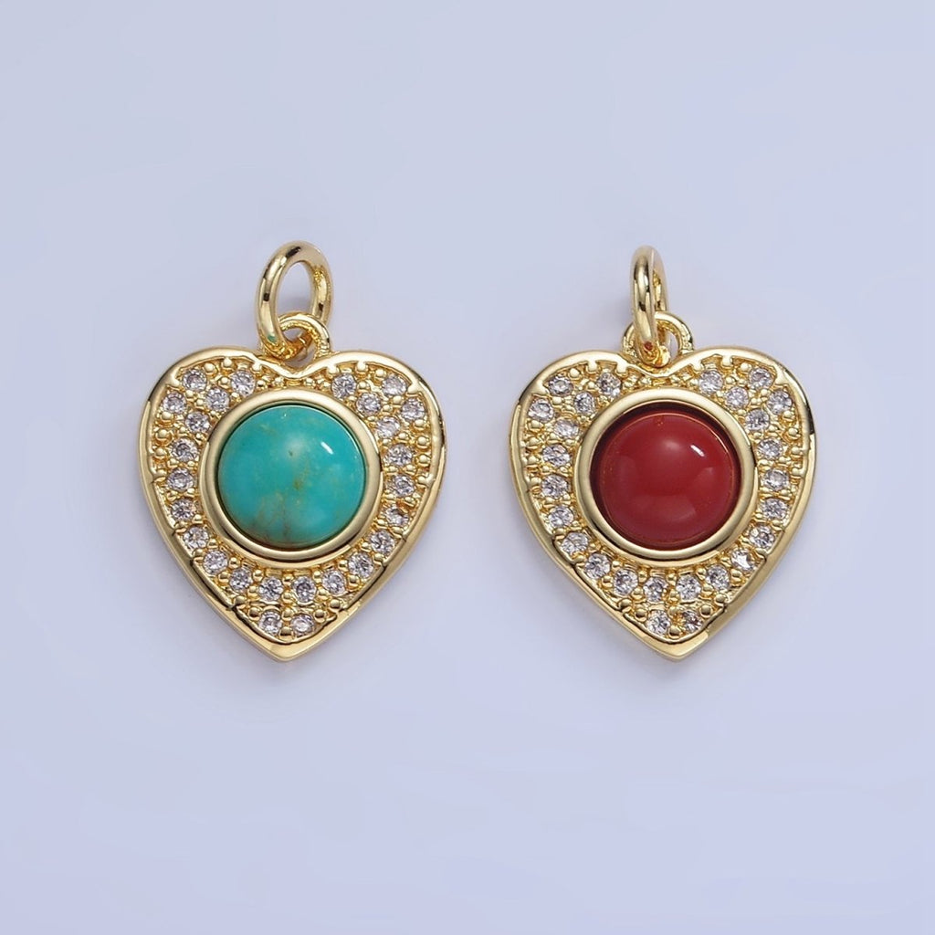 14K Gold plated Carnelian, Turquoise Round Micro Paved CZ Heart Charm | W498 - DLUXCA