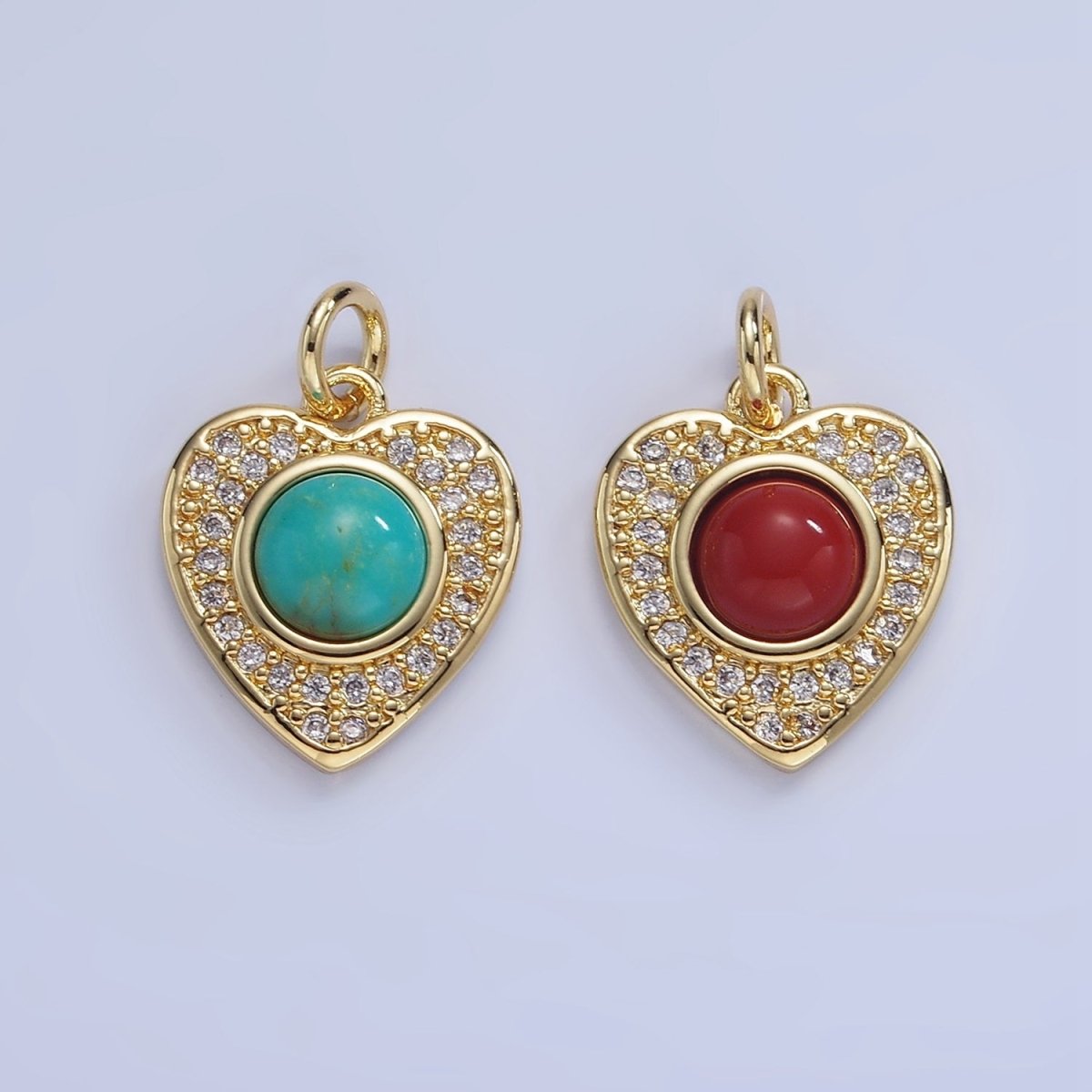 14K Gold plated Carnelian, Turquoise Round Micro Paved CZ Heart Charm | W498 - DLUXCA