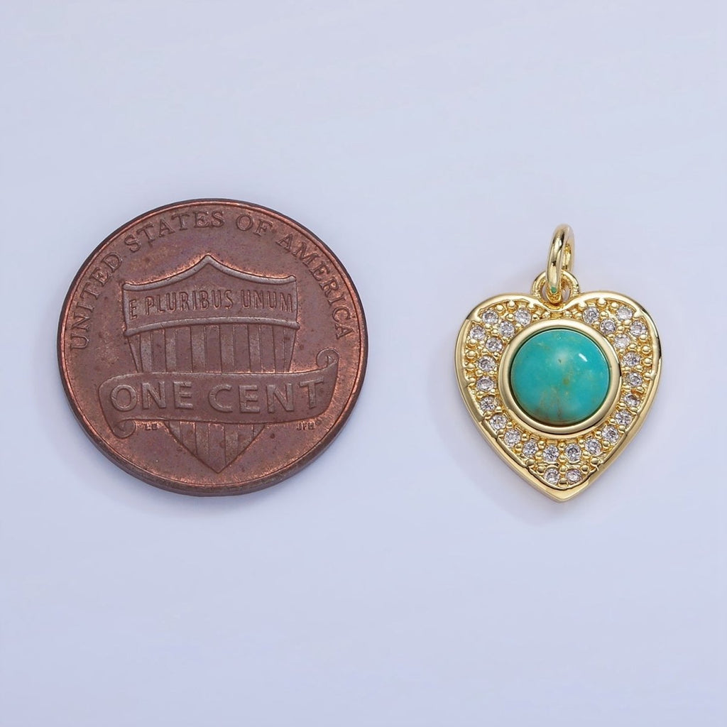 14K Gold plated Carnelian, Turquoise Round Micro Paved CZ Heart Charm | W498 - DLUXCA