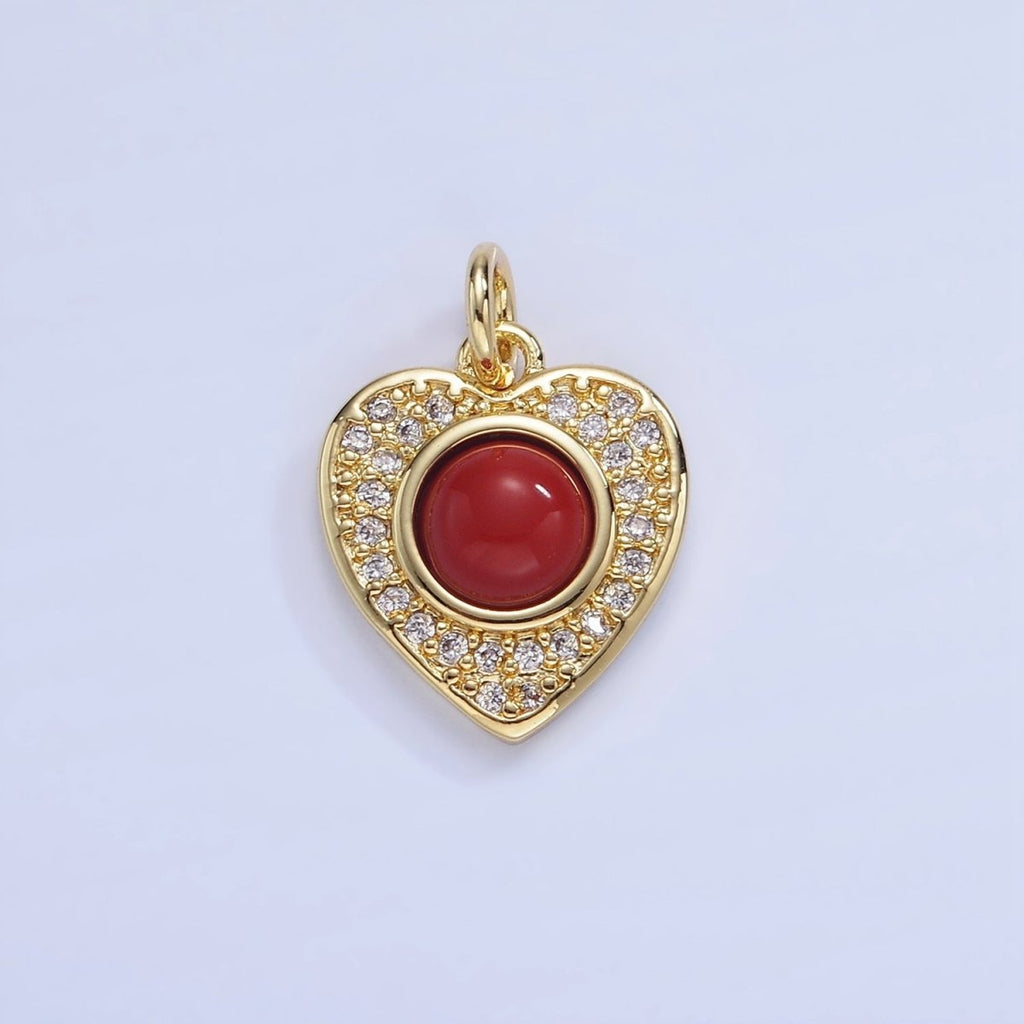 14K Gold plated Carnelian, Turquoise Round Micro Paved CZ Heart Charm | W498 - DLUXCA