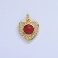 14K Gold plated Carnelian, Turquoise Round Micro Paved CZ Heart Charm | W498 - DLUXCA