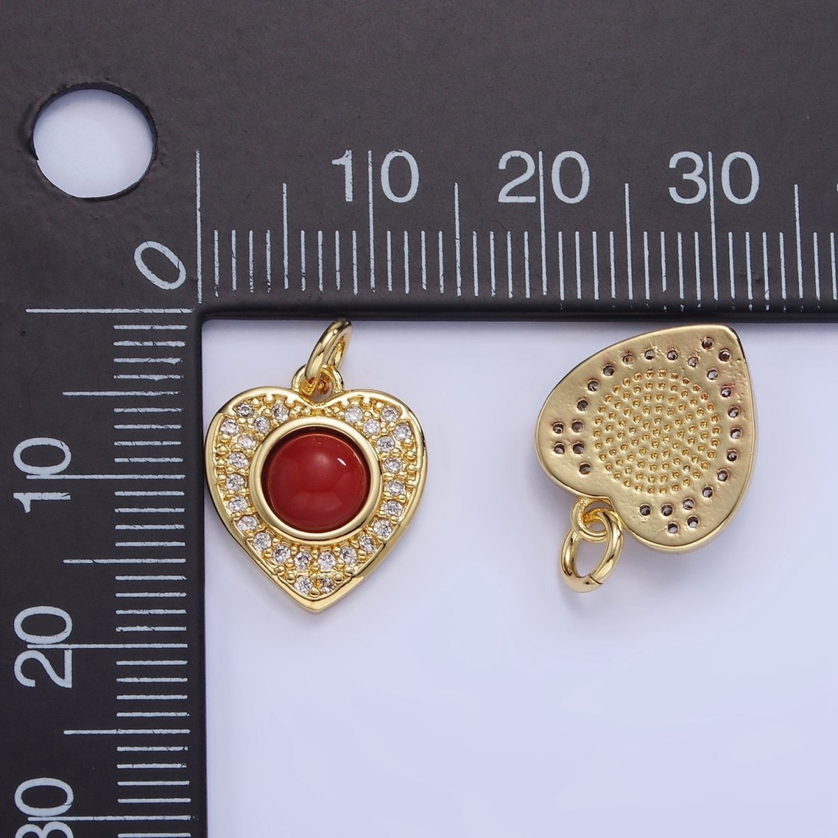 14K Gold plated Carnelian, Turquoise Round Micro Paved CZ Heart Charm | W498 - DLUXCA