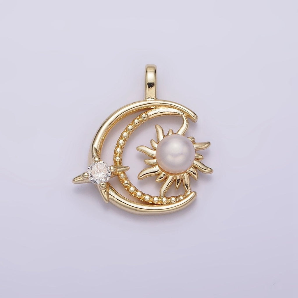 14K Gold plated Celestial Beaded Crescent Moon Pearl Sun CZ Star Pendant | AA633 - DLUXCA