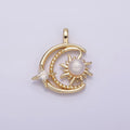 14K Gold plated Celestial Beaded Crescent Moon Pearl Sun CZ Star Pendant | AA633 - DLUXCA