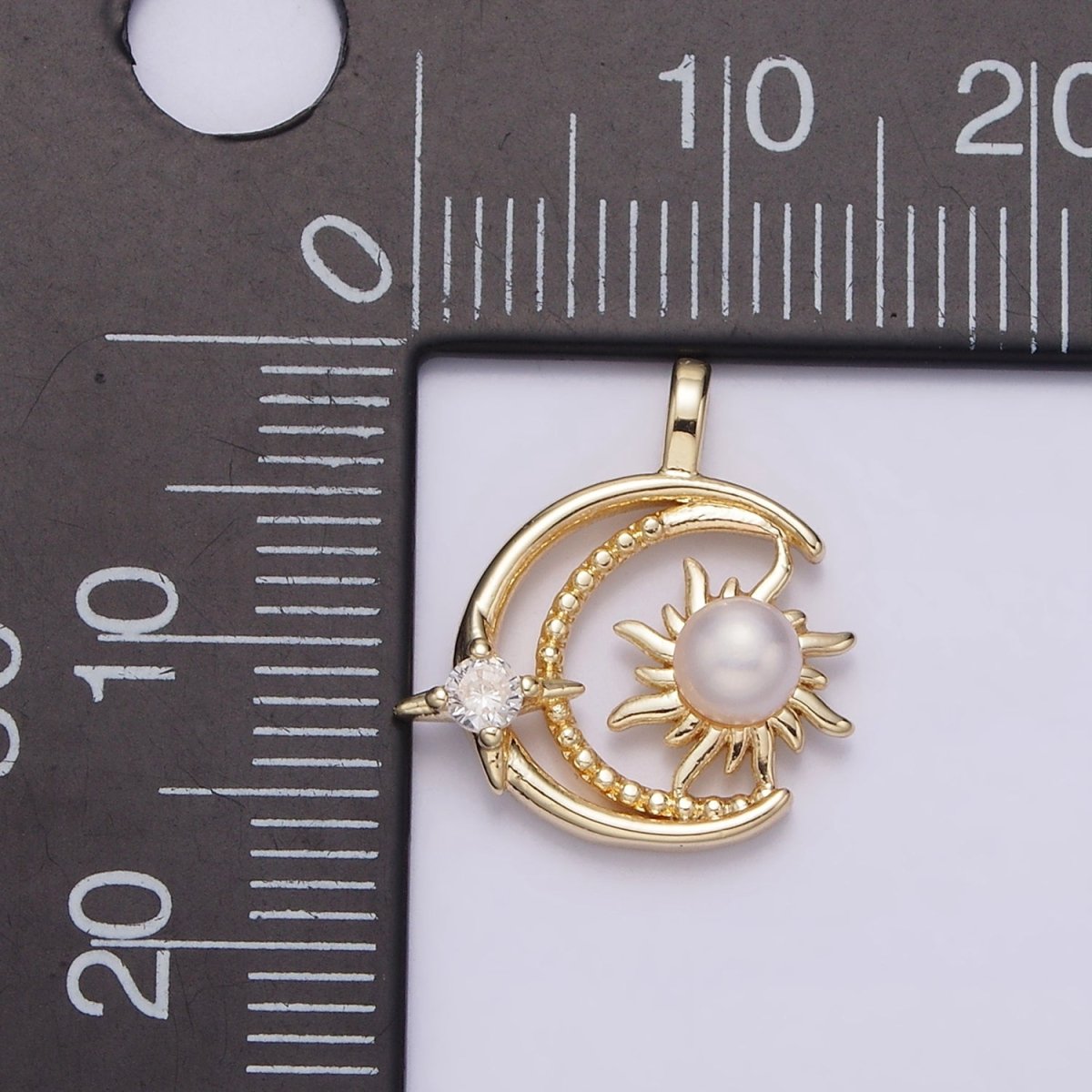 14K Gold plated Celestial Beaded Crescent Moon Pearl Sun CZ Star Pendant | AA633 - DLUXCA