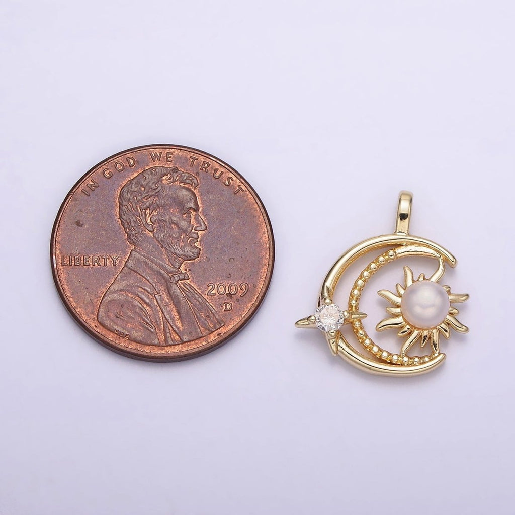 14K Gold plated Celestial Beaded Crescent Moon Pearl Sun CZ Star Pendant | AA633 - DLUXCA