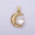 14K Gold plated Celestial Crescent Moon CZ Lined Clear Heart Pendant in Gold & Silver | N1301 N1302 - DLUXCA