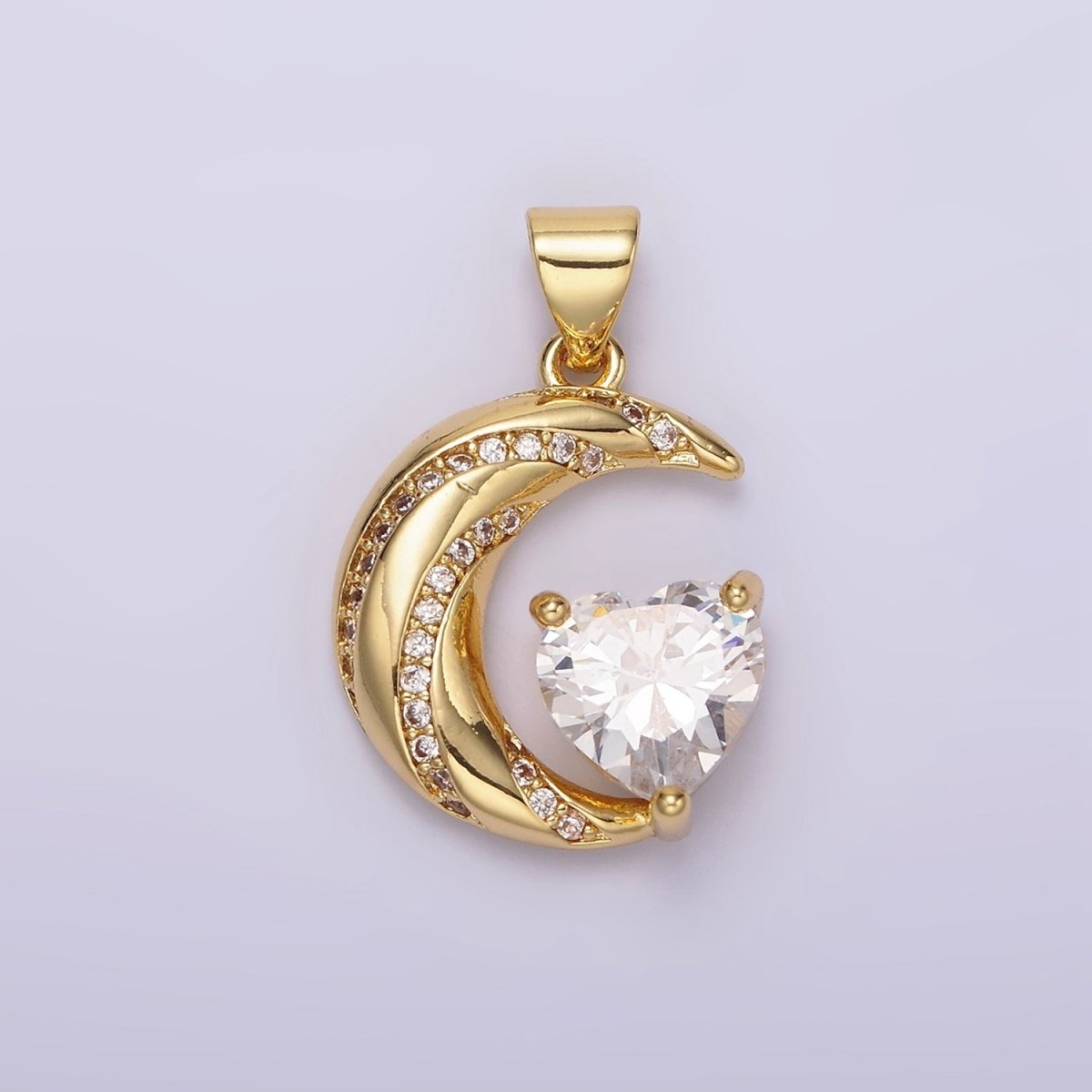 14K Gold plated Celestial Crescent Moon CZ Lined Clear Heart Pendant in Gold & Silver | N1301 N1302 - DLUXCA