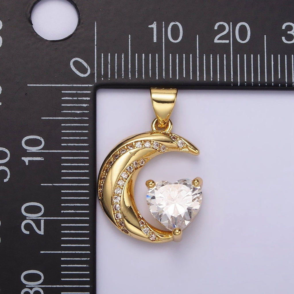 14K Gold plated Celestial Crescent Moon CZ Lined Clear Heart Pendant in Gold & Silver | N1301 N1302 - DLUXCA