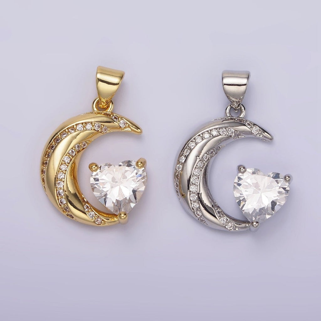 14K Gold plated Celestial Crescent Moon CZ Lined Clear Heart Pendant in Gold & Silver | N1301 N1302 - DLUXCA