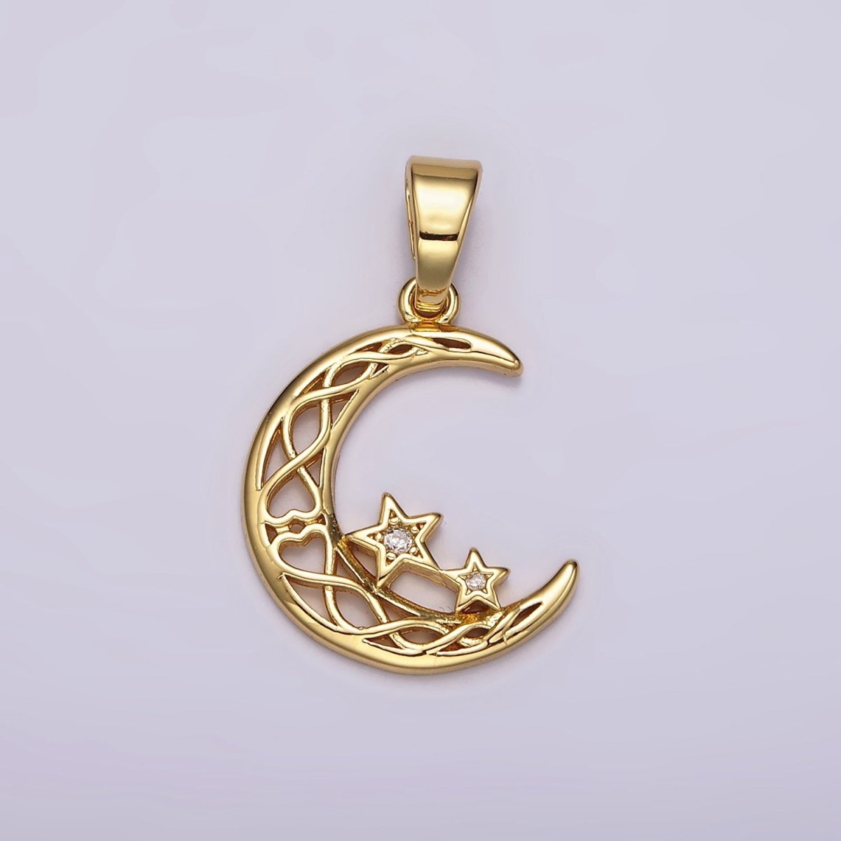 14K Gold plated Celestial Crescent Moon Double Star CZ Open Pendant | AH092 - DLUXCA