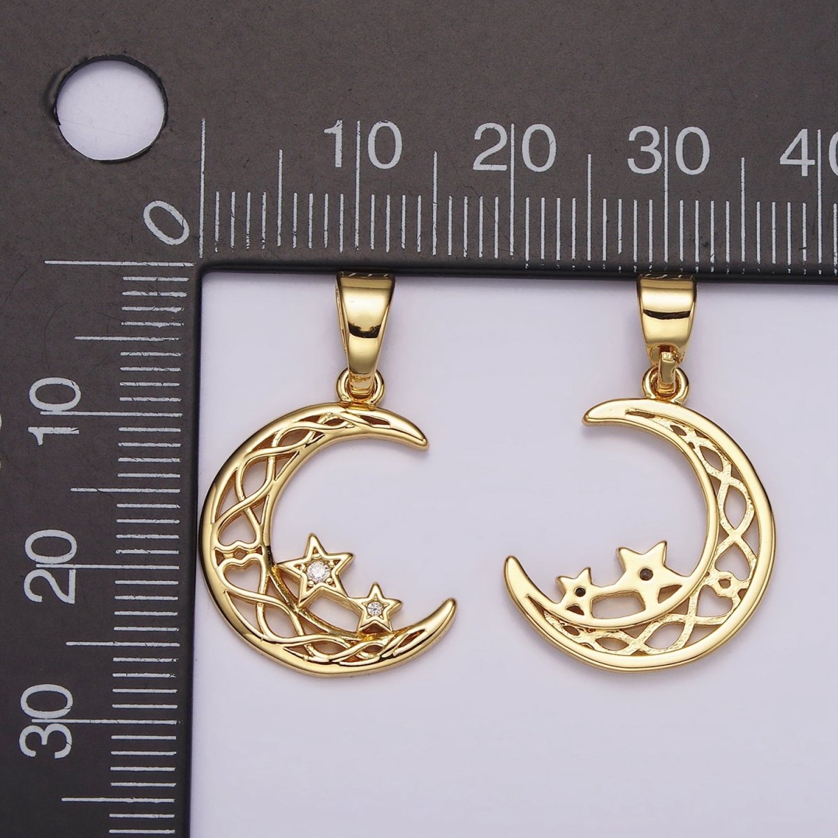 14K Gold plated Celestial Crescent Moon Double Star CZ Open Pendant | AH092 - DLUXCA