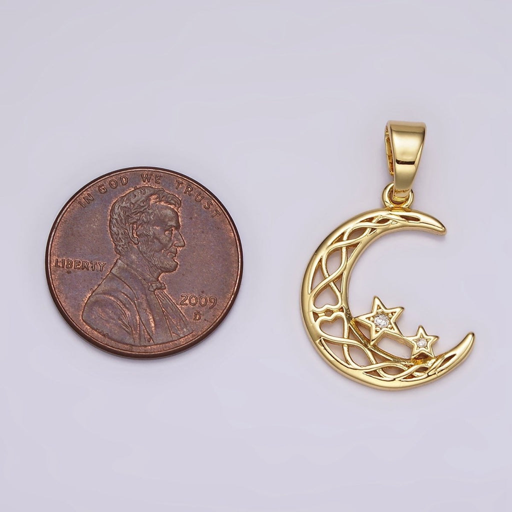 14K Gold plated Celestial Crescent Moon Double Star CZ Open Pendant | AH092 - DLUXCA