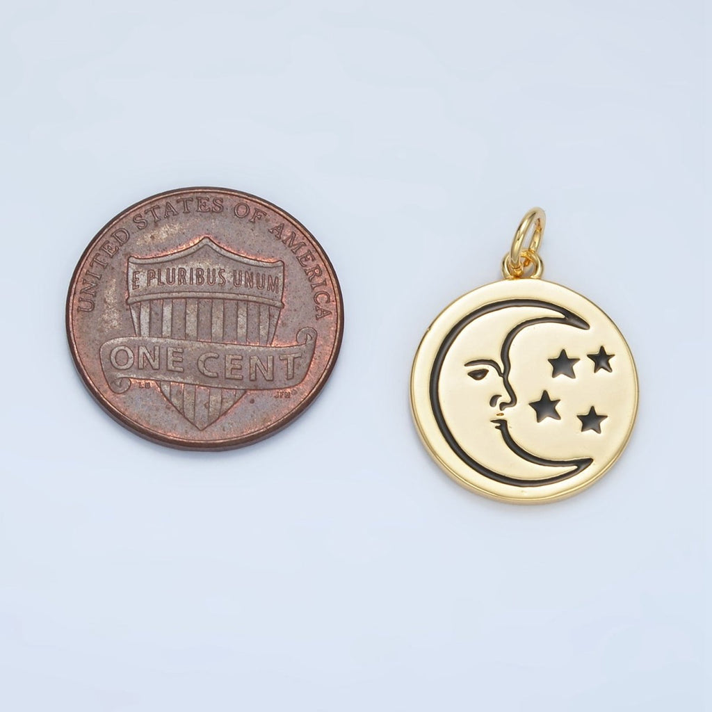 14K Gold plated Celestial Crescent Moon Face Stars Round Charm | AG883 - DLUXCA