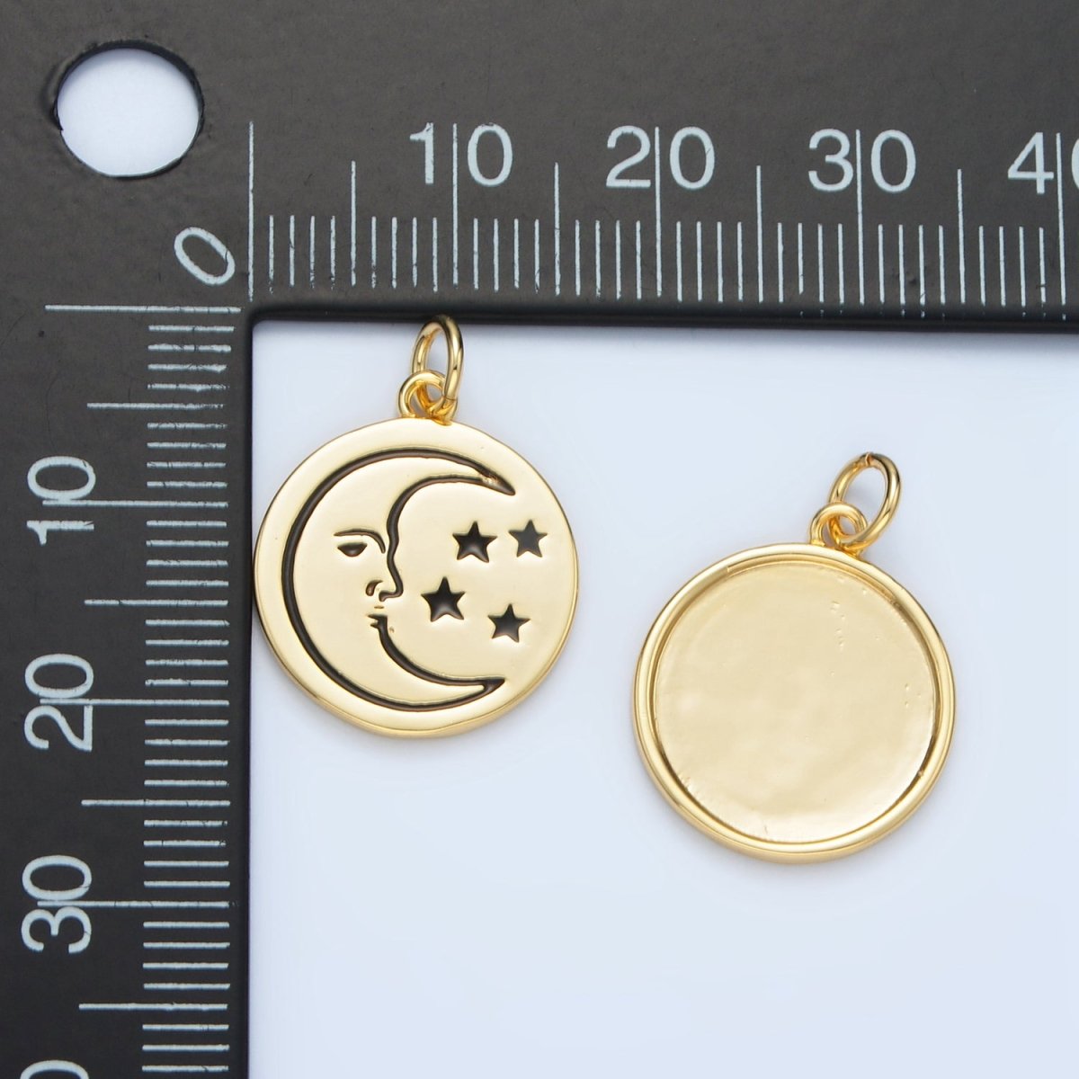 14K Gold plated Celestial Crescent Moon Face Stars Round Charm | AG883 - DLUXCA