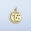 14K Gold plated Celestial Crescent Moon Face Stars Round Charm | AG883 - DLUXCA