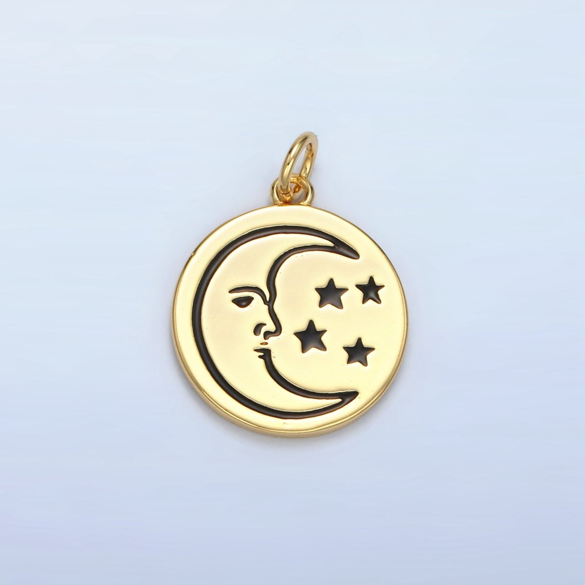 14K Gold plated Celestial Crescent Moon Face Stars Round Charm | AG883 - DLUXCA