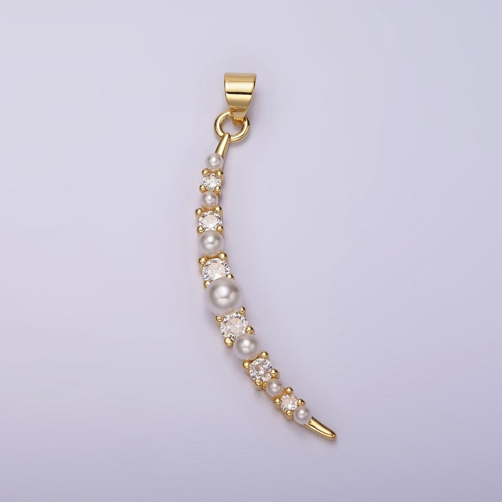 14K Gold plated Celestial Crescent Moon Pearl CZ Curved Lined Pendant | N1952 - DLUXCA