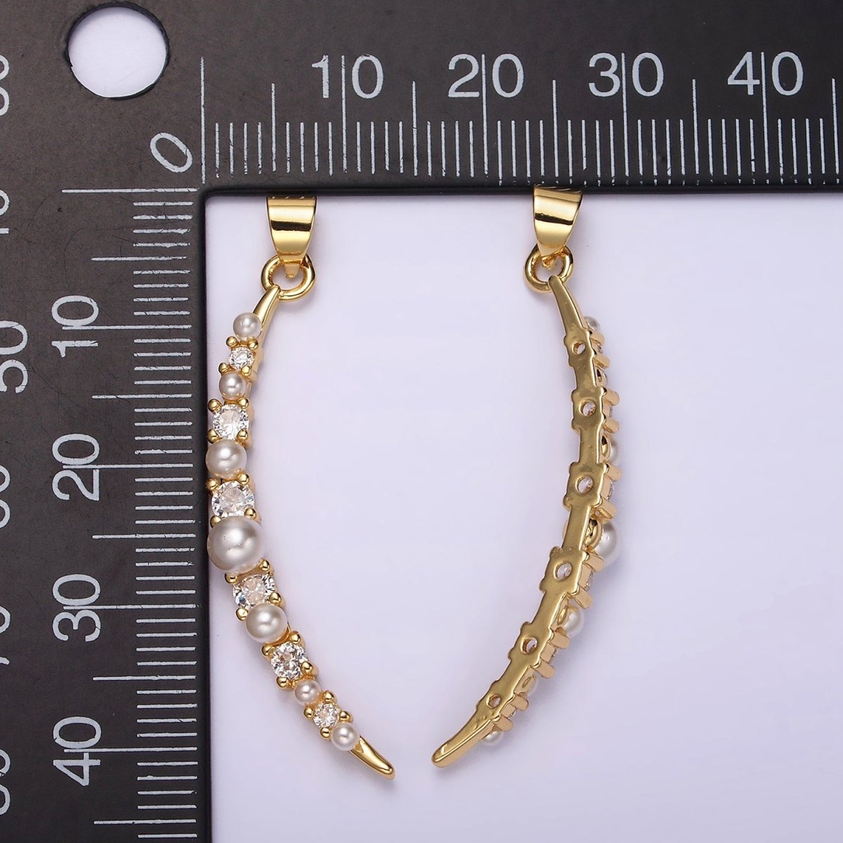 14K Gold plated Celestial Crescent Moon Pearl CZ Curved Lined Pendant | N1952 - DLUXCA