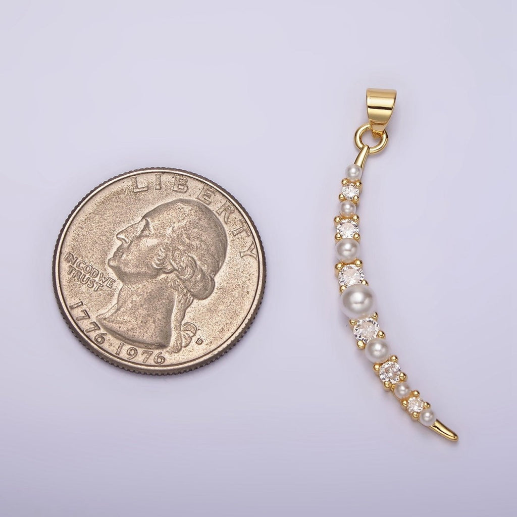 14K Gold plated Celestial Crescent Moon Pearl CZ Curved Lined Pendant | N1952 - DLUXCA