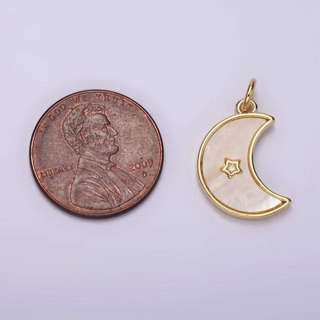 14K Gold plated Celestial Crescent Moon Star CZ Shell Pearl Bezel Charm | AC911 - DLUXCA