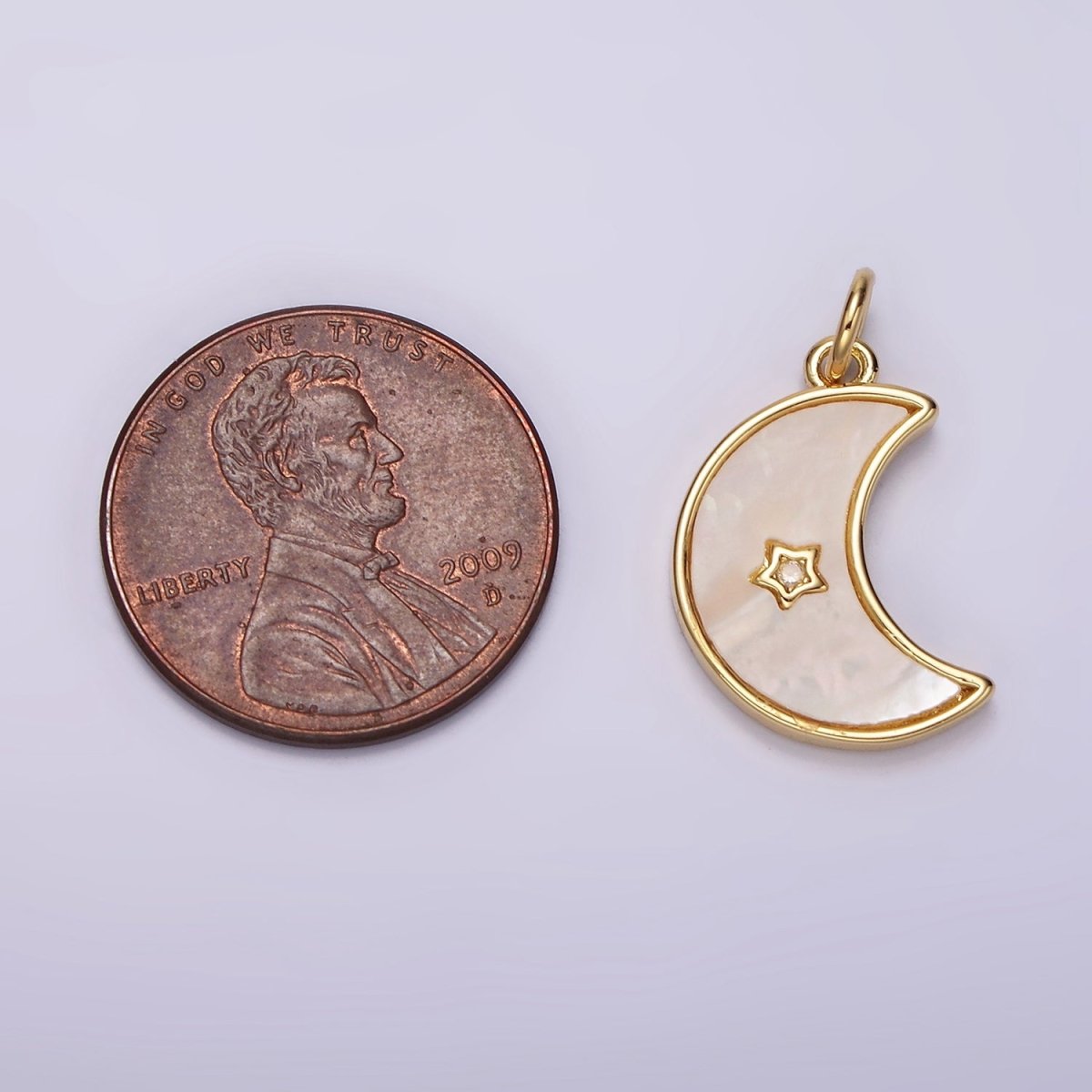 14K Gold plated Celestial Crescent Moon Star CZ Shell Pearl Bezel Charm | AC911 - DLUXCA