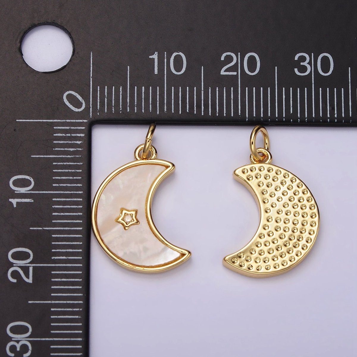 14K Gold plated Celestial Crescent Moon Star CZ Shell Pearl Bezel Charm | AC911 - DLUXCA