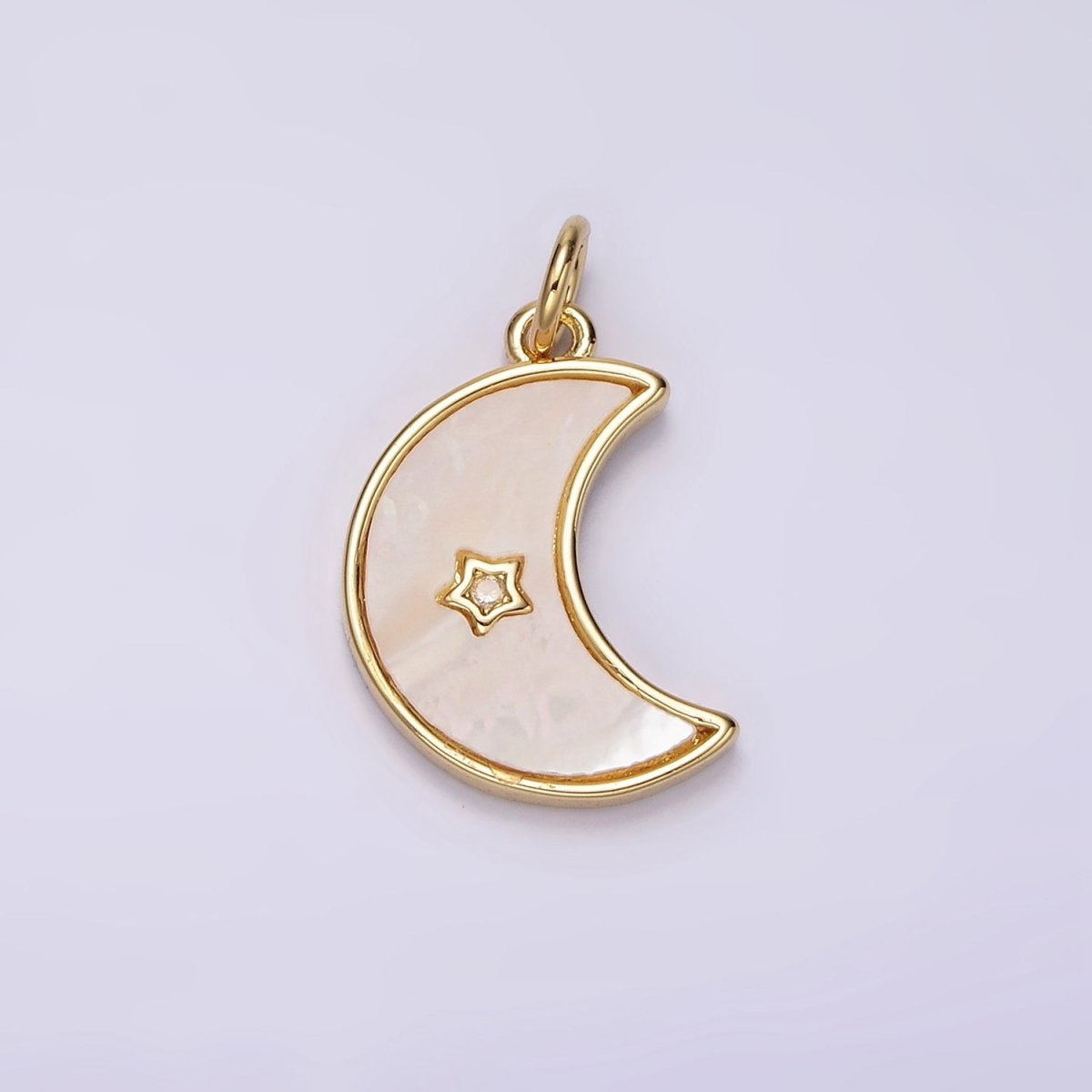 14K Gold plated Celestial Crescent Moon Star CZ Shell Pearl Bezel Charm | AC911 - DLUXCA