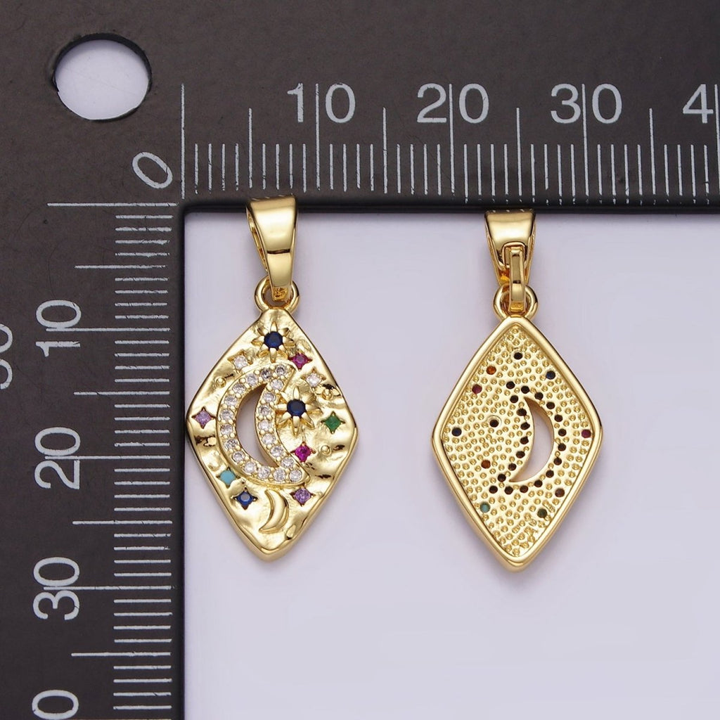 14K Gold plated Celestial Crescent Moon Star Multicolor CZ Open Hammered Rhombus Pendant | AA510 - DLUXCA