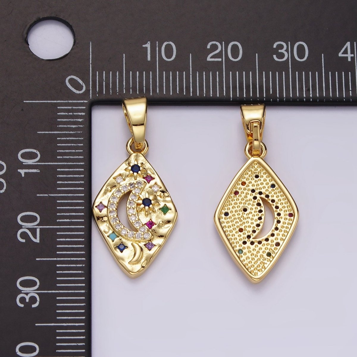 14K Gold plated Celestial Crescent Moon Star Multicolor CZ Open Hammered Rhombus Pendant | AA510 - DLUXCA