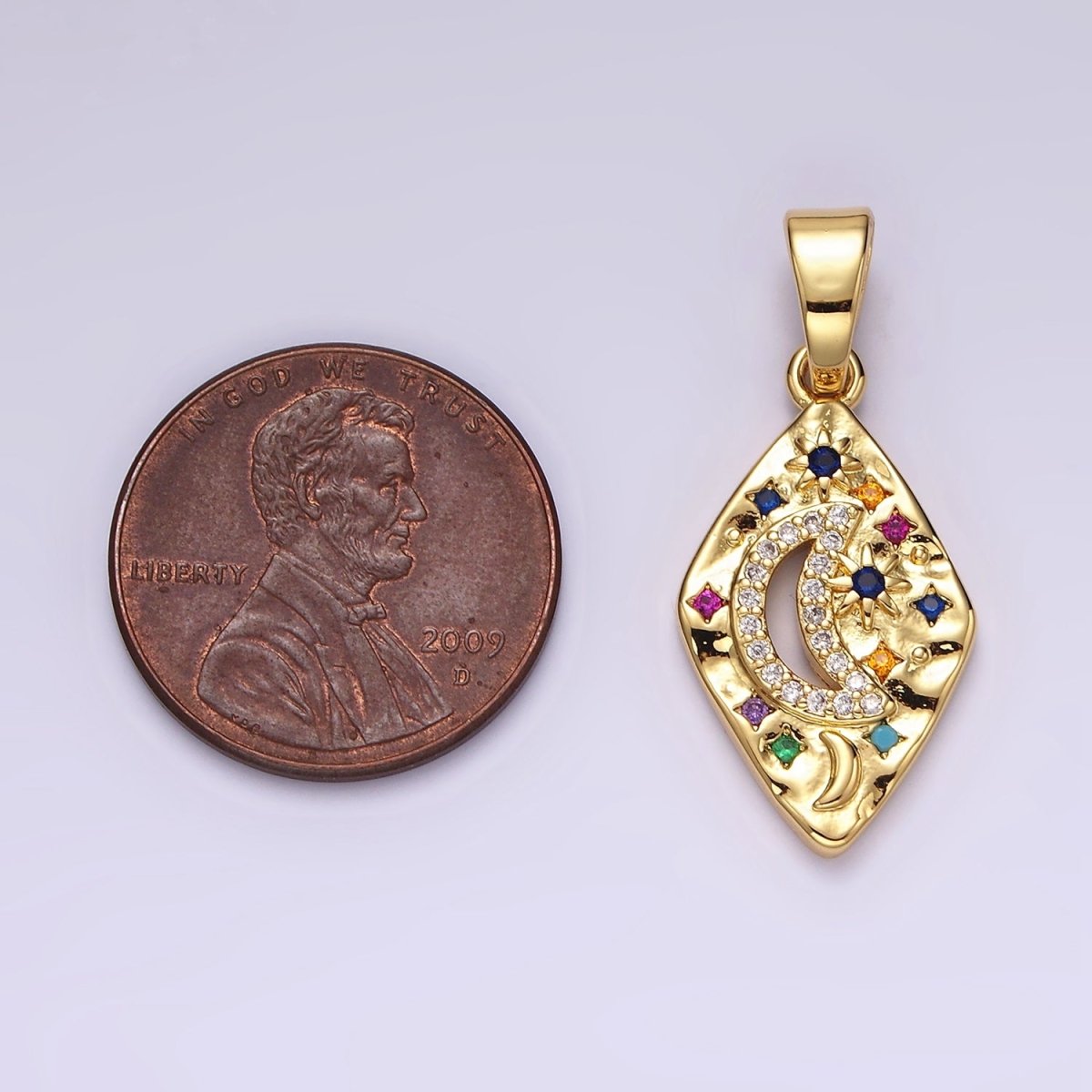 14K Gold plated Celestial Crescent Moon Star Multicolor CZ Open Hammered Rhombus Pendant | AA510 - DLUXCA