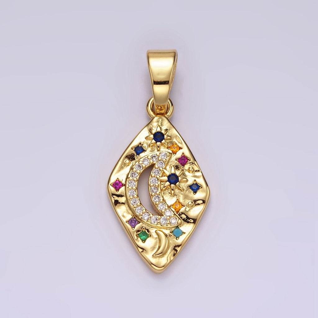 14K Gold plated Celestial Crescent Moon Star Multicolor CZ Open Hammered Rhombus Pendant | AA510 - DLUXCA