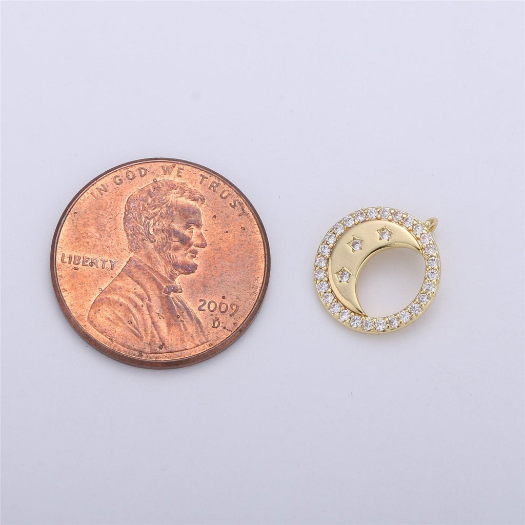 14K Gold plated Celestial Crescent Moon Stars Micro Paved CZ Back Loop Circular Charm | C129 