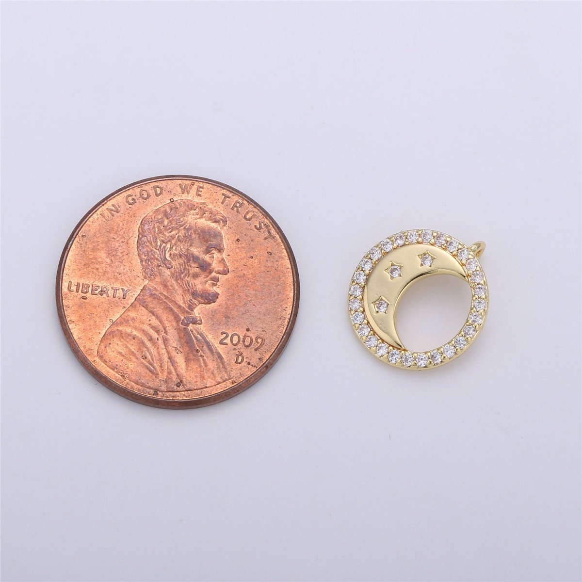 14K Gold plated Celestial Crescent Moon Stars Micro Paved CZ Back Loop Circular Charm | C129 